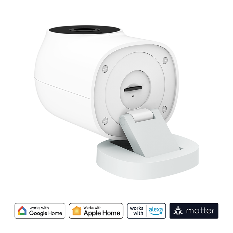 Bir standı olan beyaz bir güvenlik kamerası. Google Home, Apple Home, Alexa ve Matter ile çalışır.
