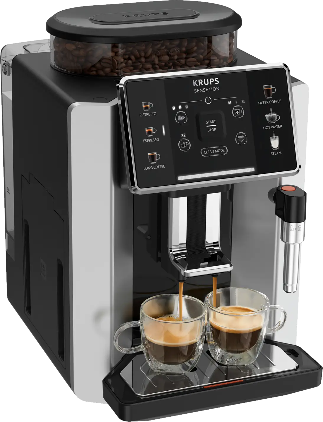 Eine schwarz-silberne Kaffeemaschine mit zwei Gläsern. Kaffee wird in die Gläser gegossen.
