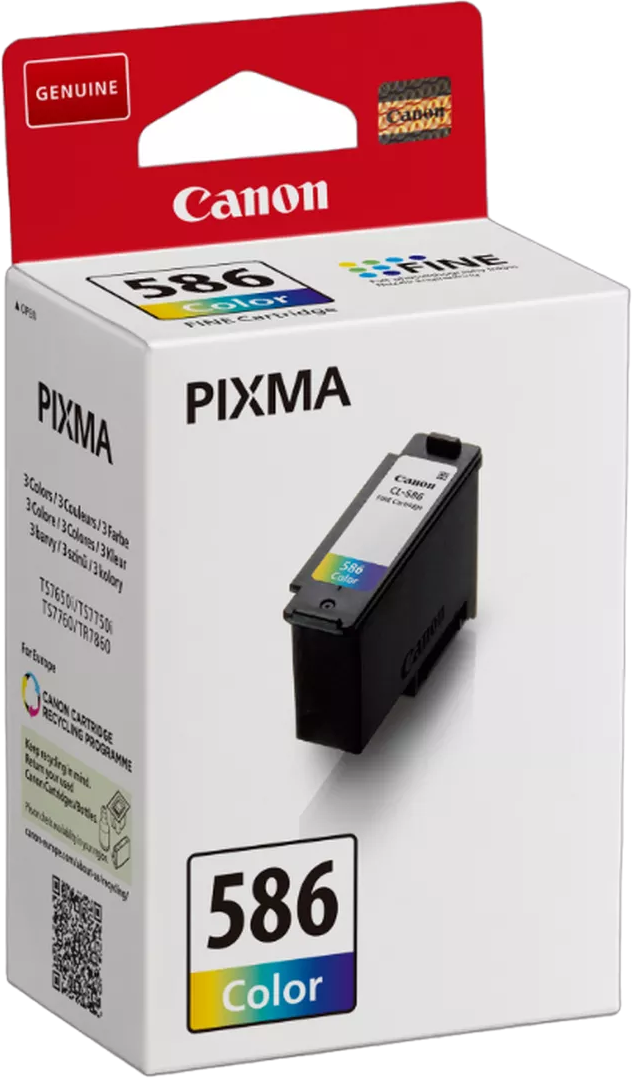 Eine Canon 586 Farb-Tintenpatronenbox. Die Box ist weiß mit Farbabbildungen und Text.