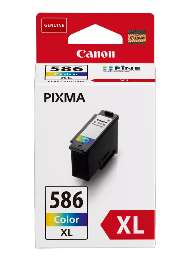 Canon 586 Color XL Tintenpatronenverpackung. Roter Deckel mit Canon-Logo. Die Patrone ist schwarz.