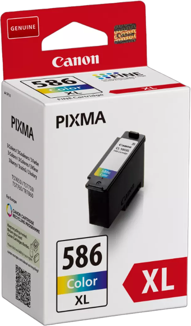 Canon 586 XL Farb-Tintenpatronenbox. Sie ist weiß mit roten Akzenten. Die Patrone ist schwarz.