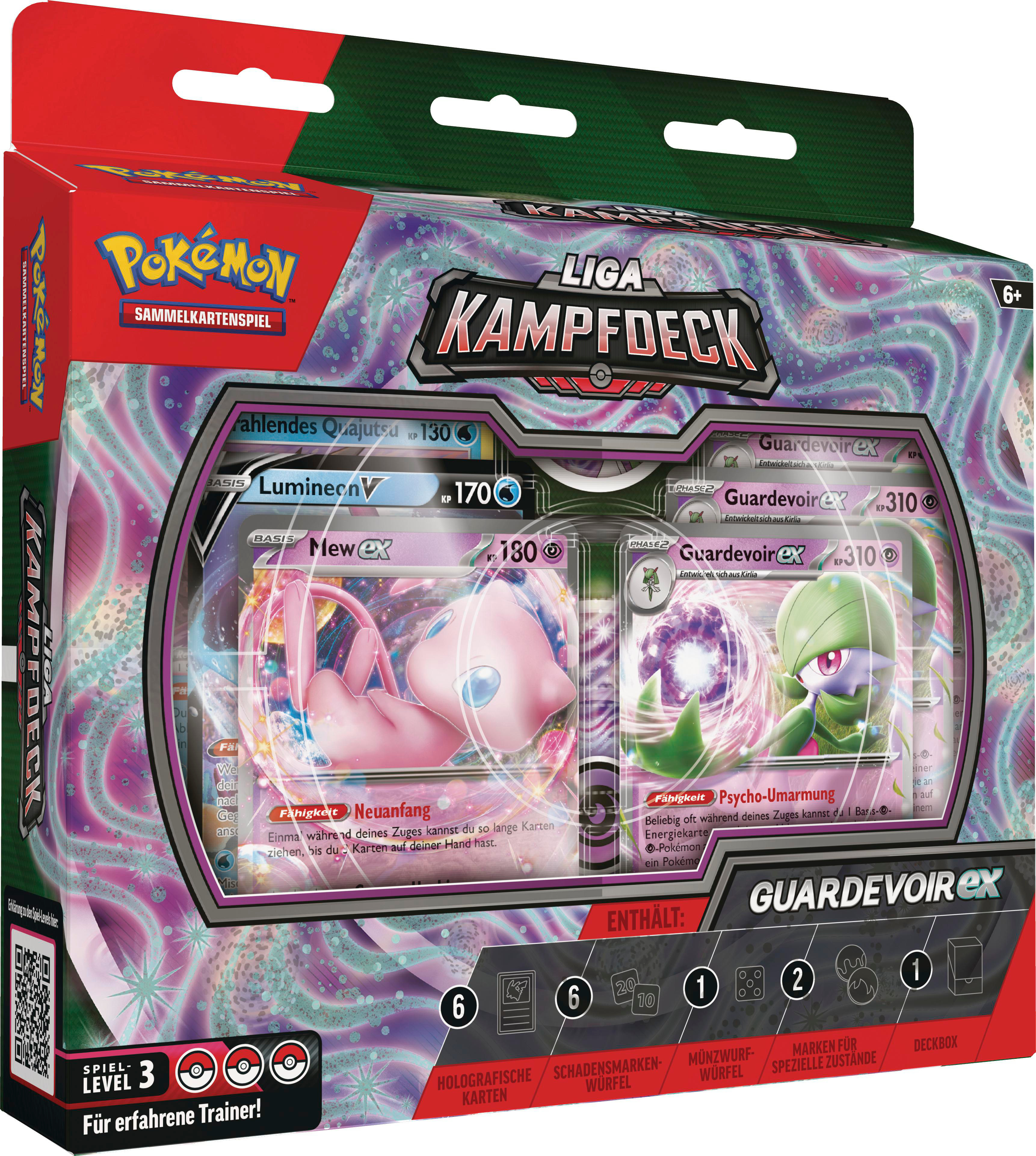 Pokemon-Sammelkartenspiel-Box. Die Box ist rot und rosa. Sie enthält Karten und Zubehör.