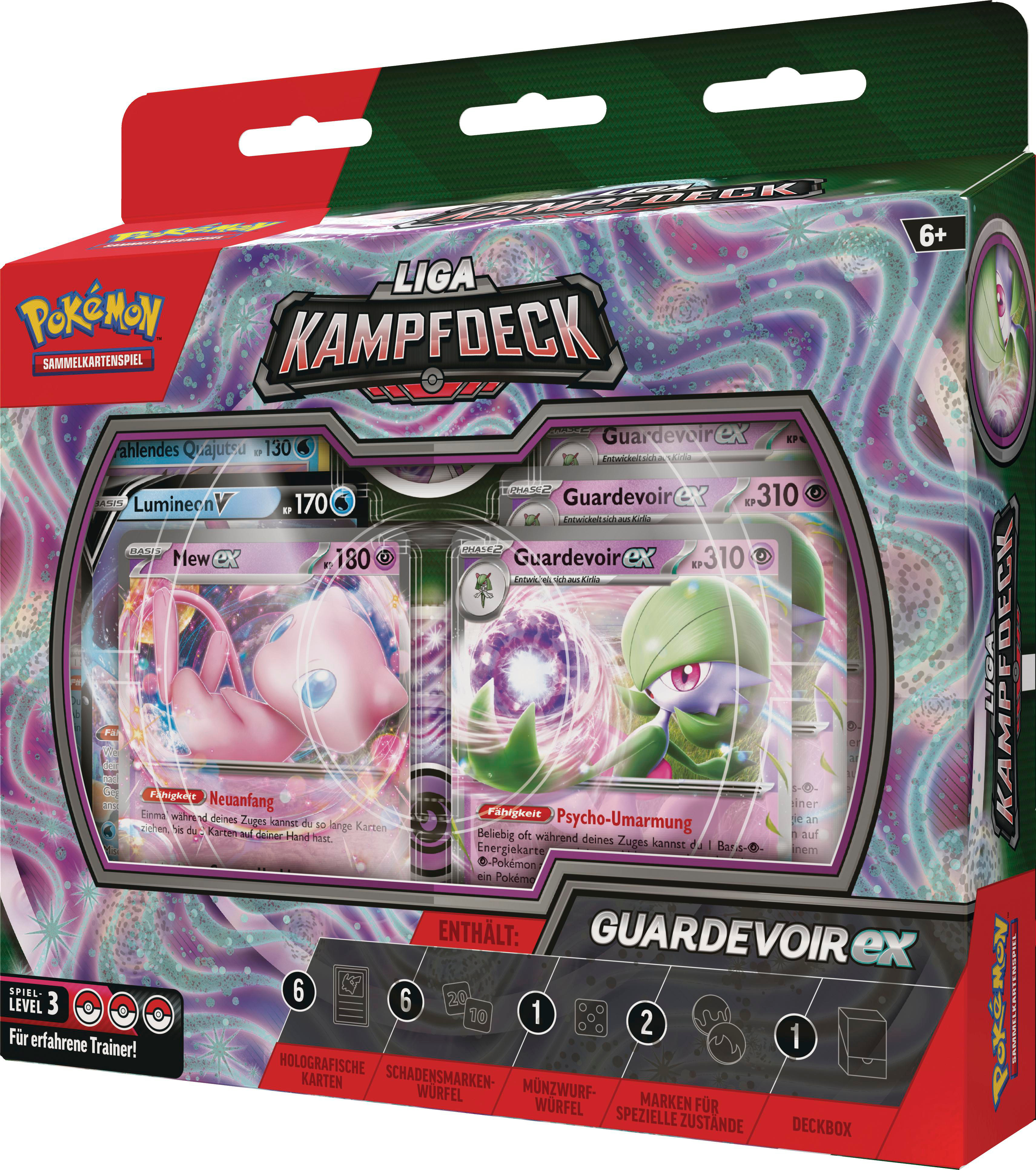 Eine Pokémon-Sammelkartenspiel-Box mit Karten. Es zeigt einen grünhaarigen und einen rosafarbenen Charakter.