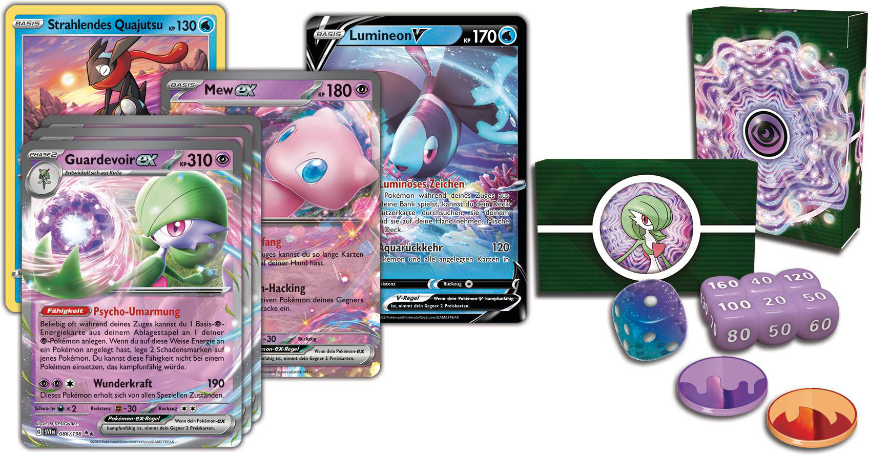 Pokémon TCG-Karten, Würfel und Zubehör. Karten zeigen Gardevoir, Mew und Greninja. Grüne Kartenbox.