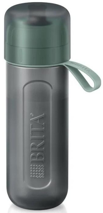 Szara butelka na wodę z zieloną pokrywką i pętlą. Logo Brita jest widoczne na butelce.