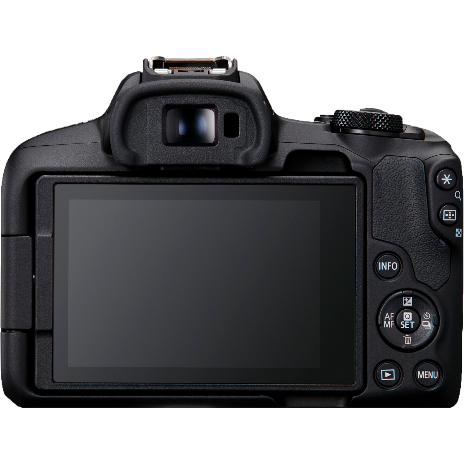 Back view of a Canon camera showing LCD screen. Buttons and dials are visible.