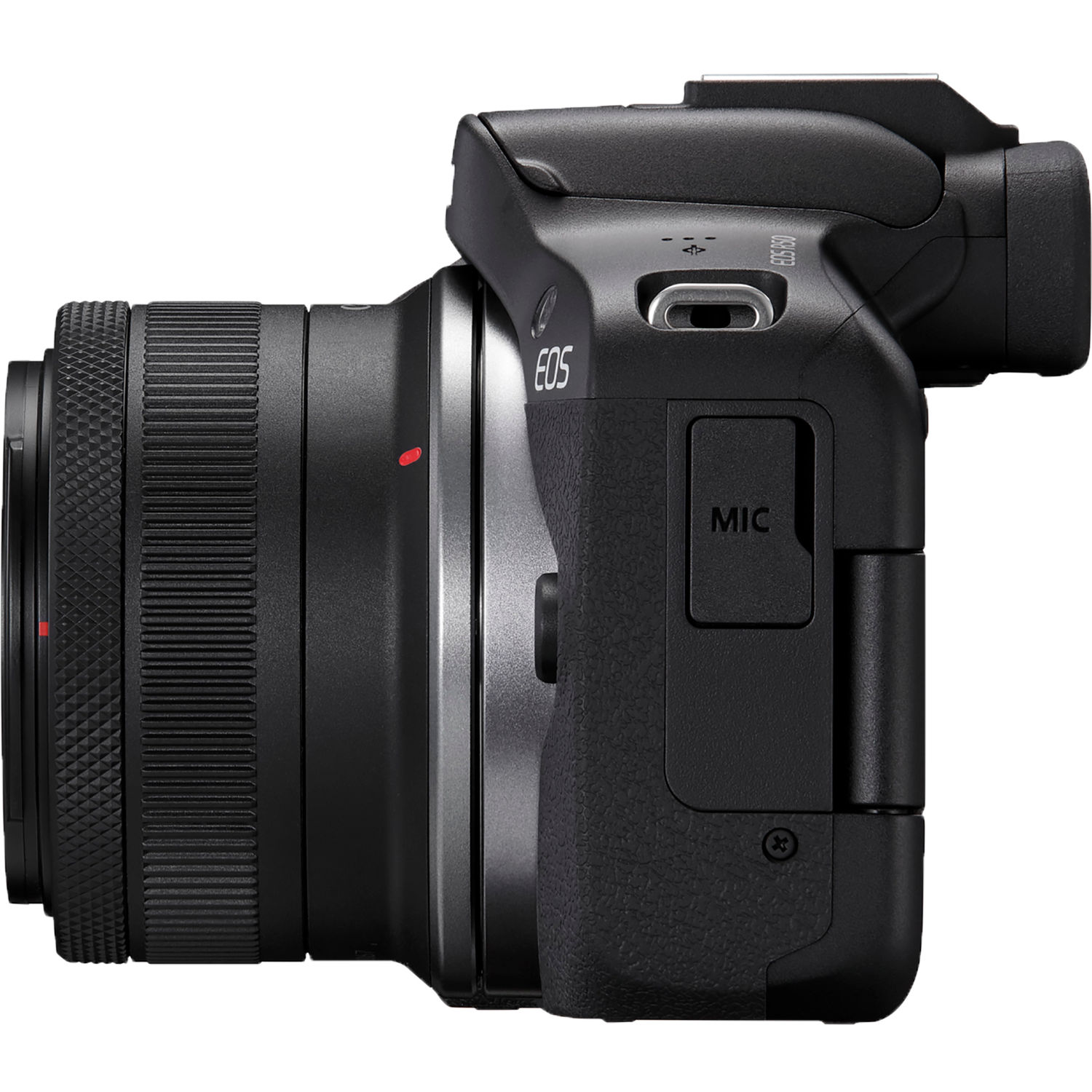 Black camera. Black camera with a lens and various buttons. Side view.