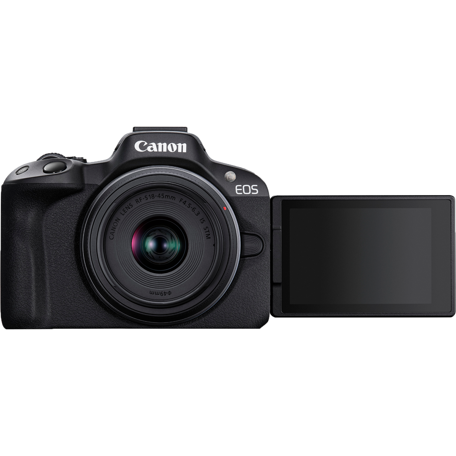 Black Canon EOS camera with lens and open screen, black background.