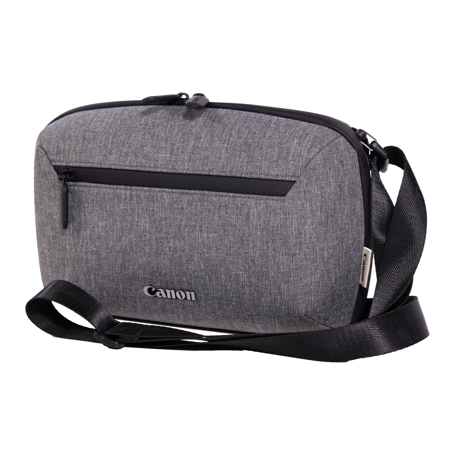 Gray Canon bag with a black strap. Canon logo on the front.