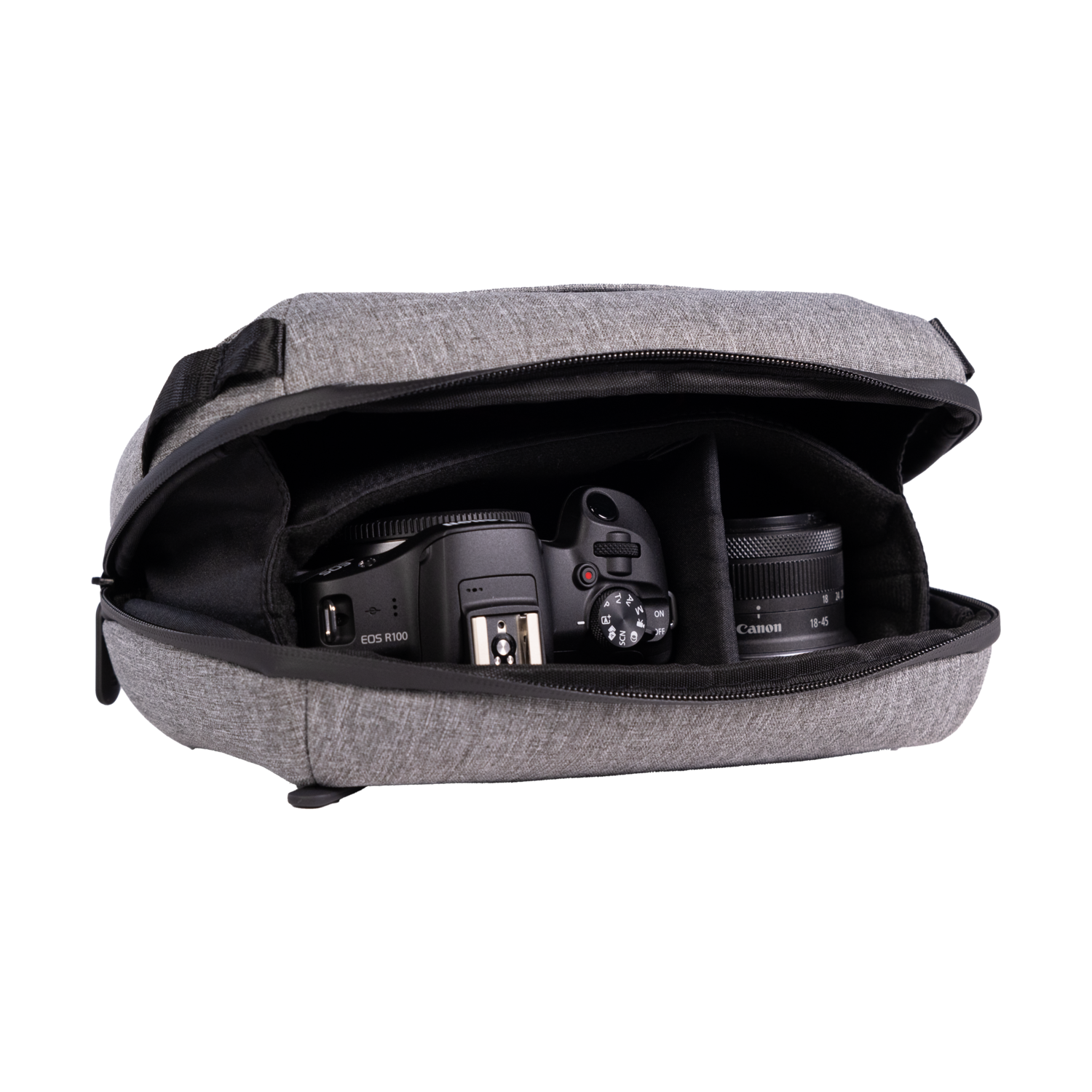 Camera bag open. Two cameras and a lens are inside. The bag is gray.