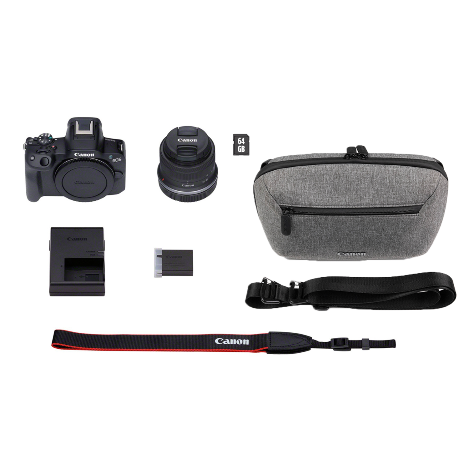 Canon camera kit: a camera, a lens, a bag, a strap, a battery charger, and a memory card.