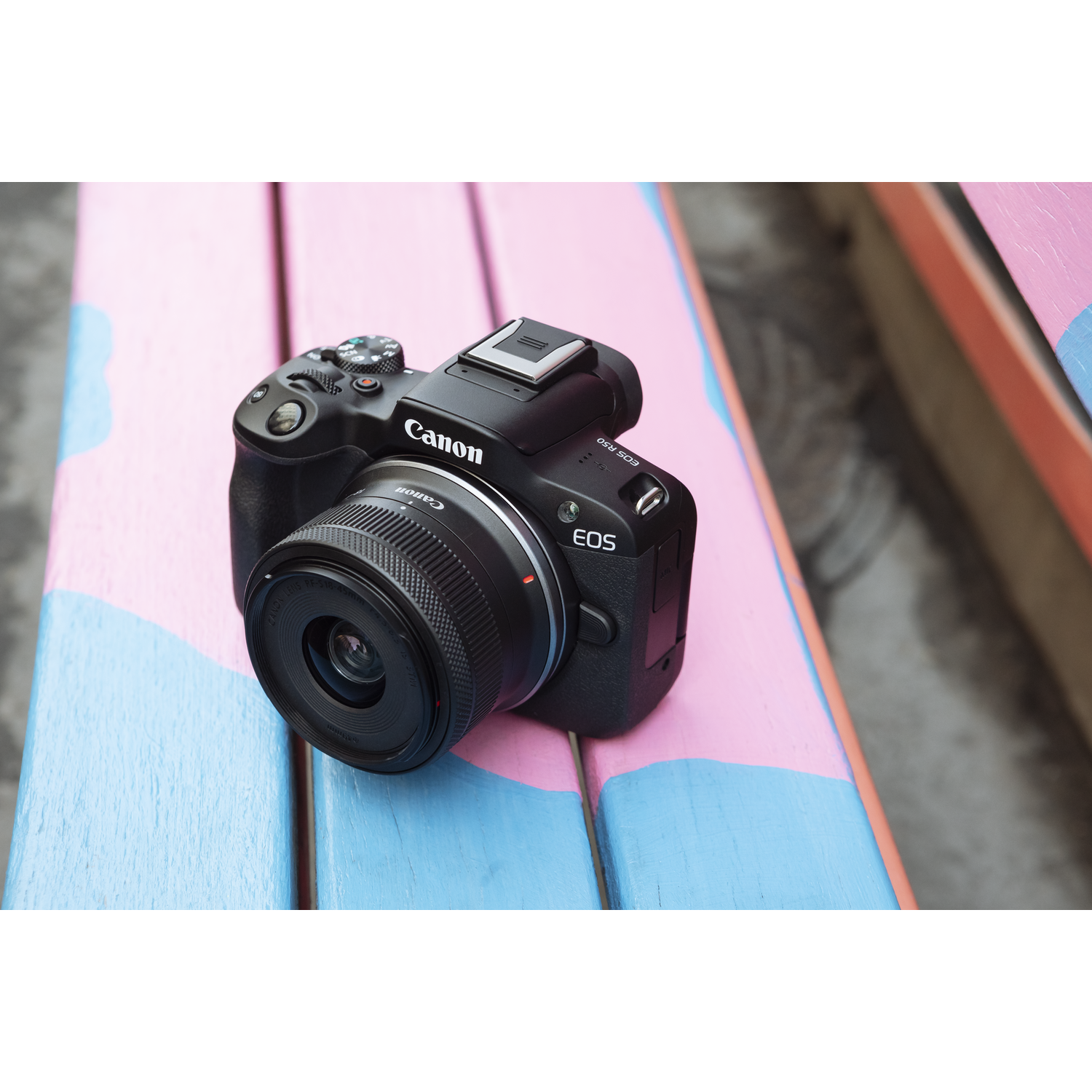 A Canon EOS camera on a pink and blue painted bench.