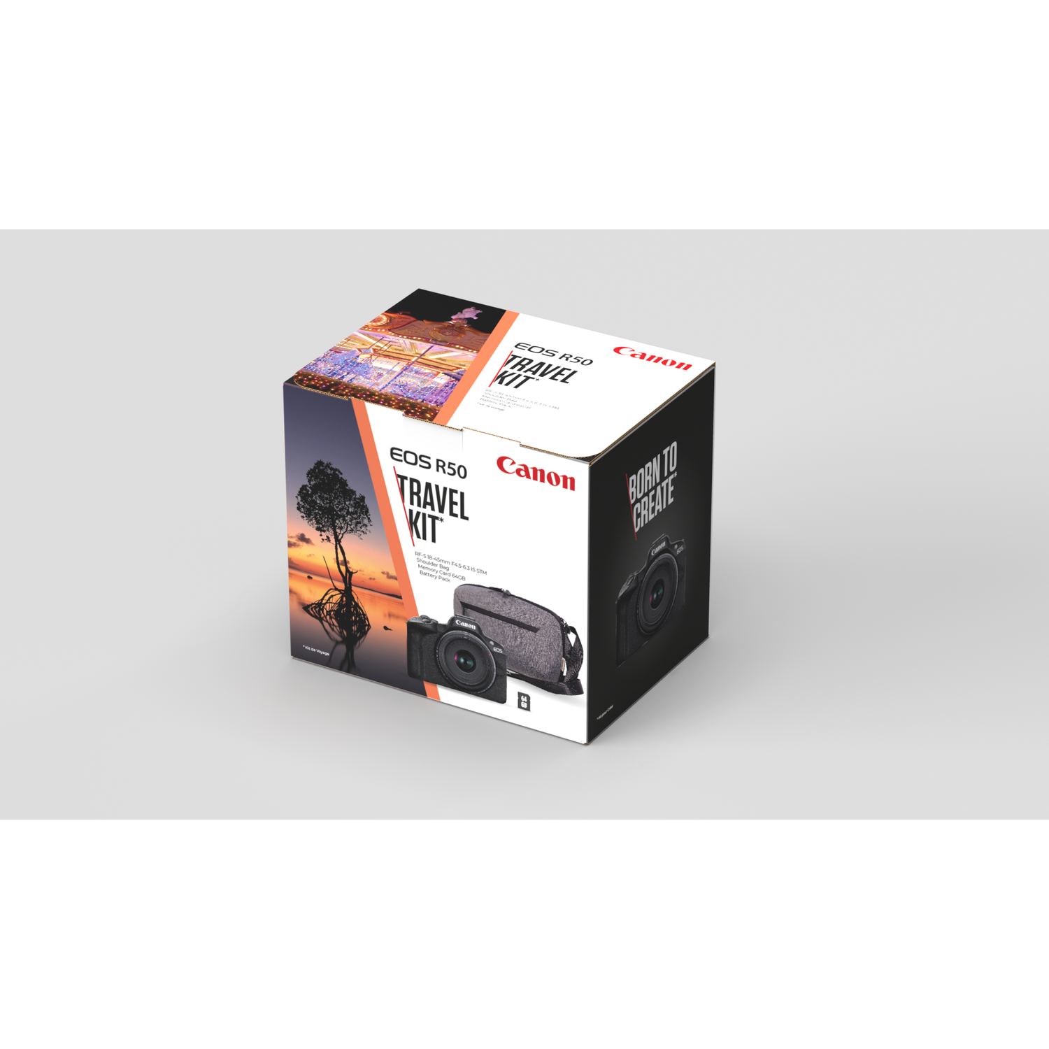 Canon EOS R50 travel kit box with camera, bag, and sunset scenery.