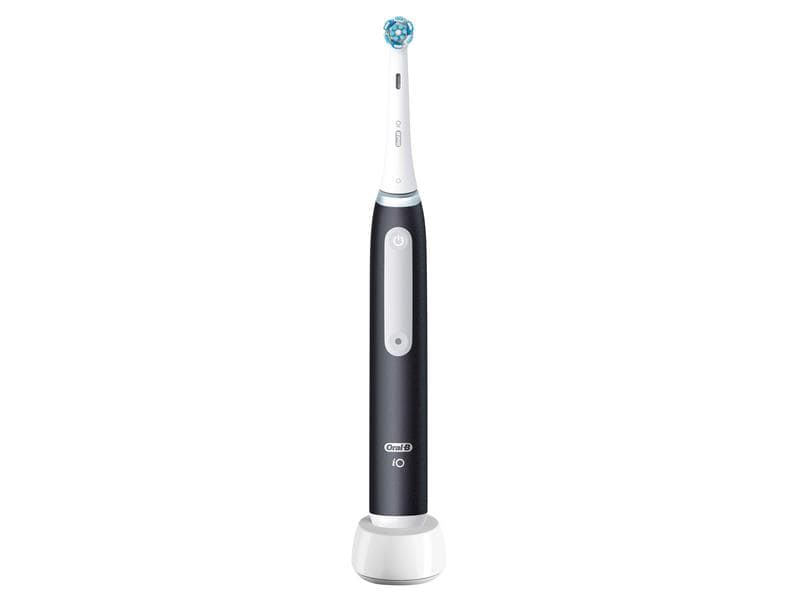 Une brosse à dents électrique avec un manche bleu foncé et une base de chargement blanche.