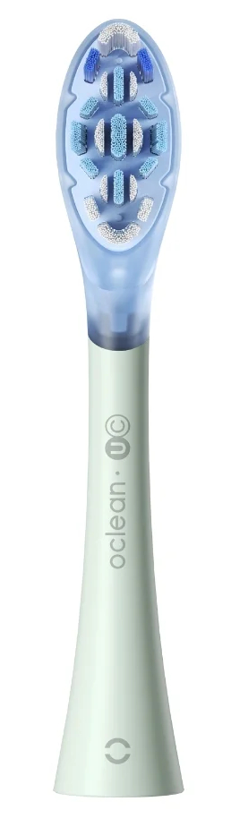 Zbliżenie głowicy szczoteczki elektrycznej. Jasnozielona rączka z niebieskim i białym włosiem.