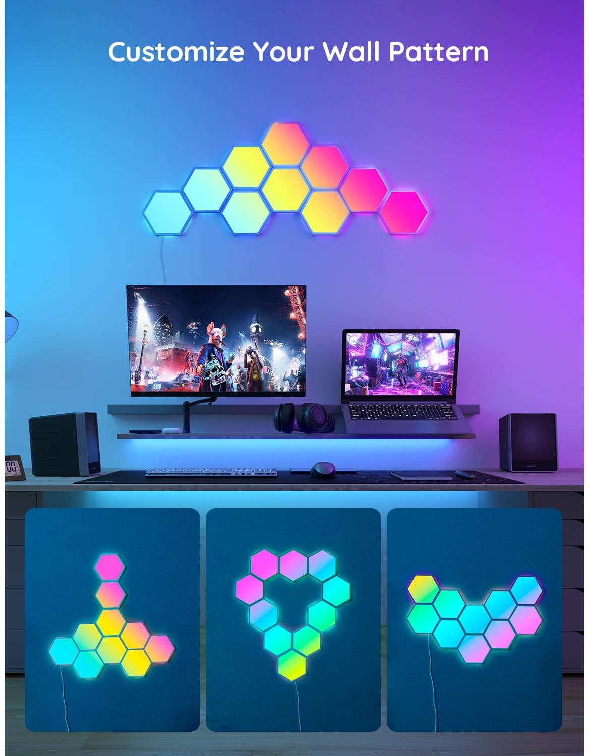 Un muro con luci esagonali colorate, un monitor, un laptop e altoparlanti. Lo sfondo è una sfumatura.