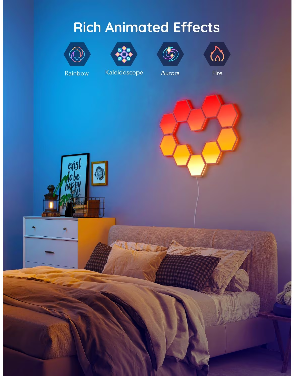 Una camera da letto illuminata da una lampada a LED a forma di cuore. Ha un letto, un comò e opere d'arte.