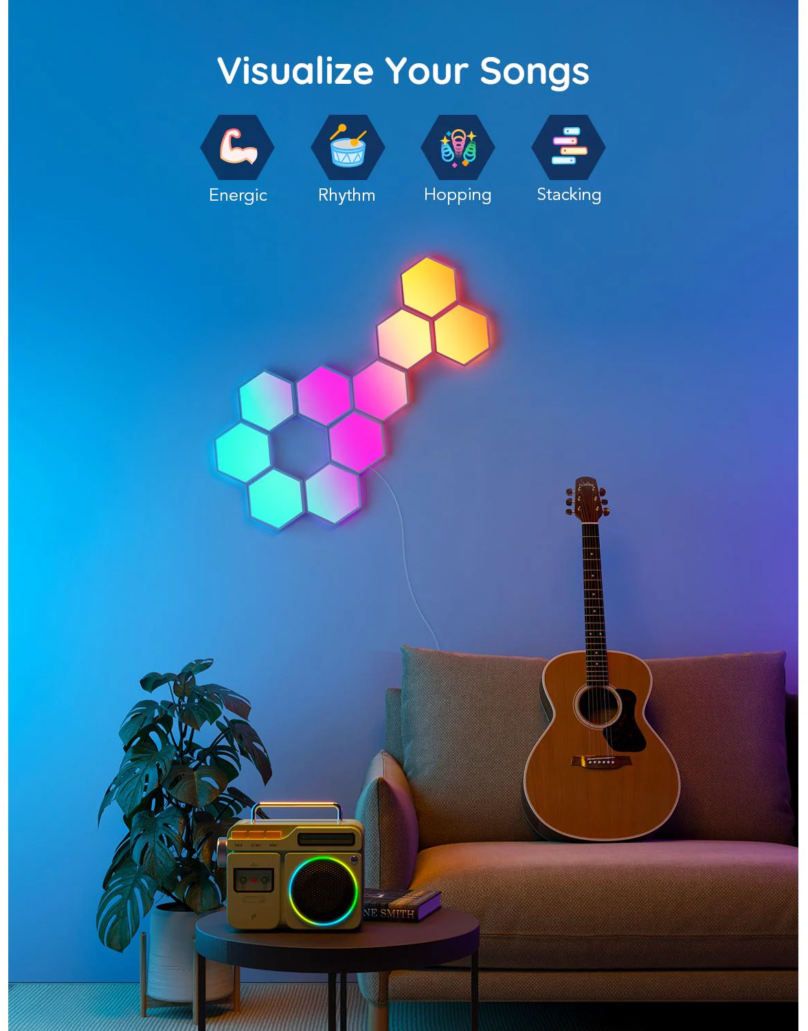 Un muro con luci esagonali colorate, una chitarra, un boombox e una pianta creano una scena vibrante.
