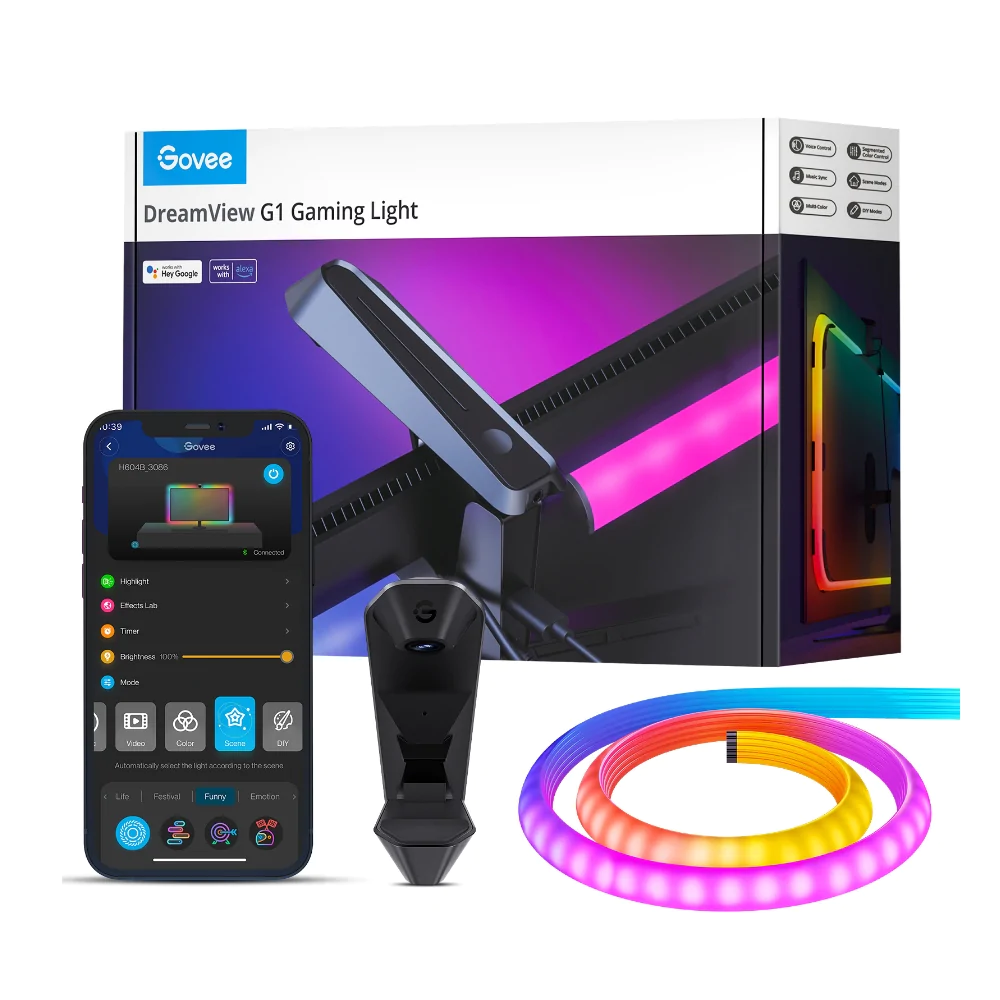 Uygulamayı gösteren bir telefon ile Govee DreamView G1 Oyun Işığı seti.