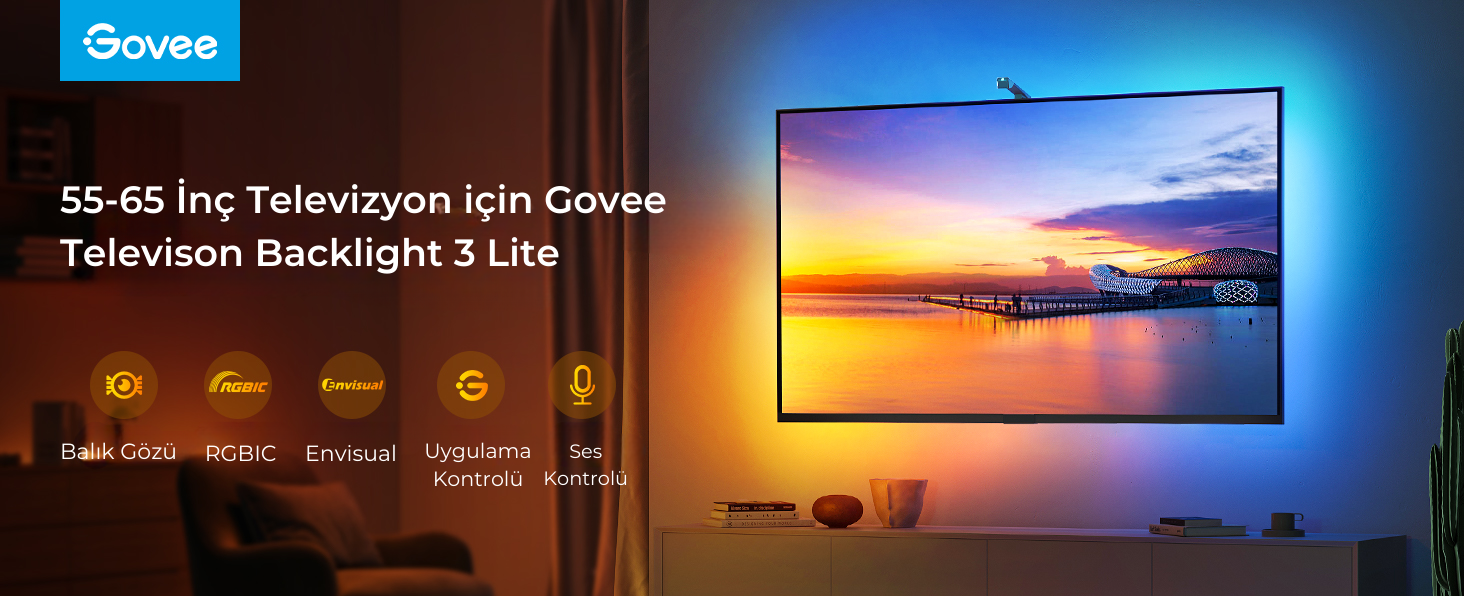 Govee arka aydınlatmalı TV, metin 55-65 inç TV'ler için olduğunu söylüyor. RGBIC, Envisual, Uygulama kontrolü ve ses kontrolü.
