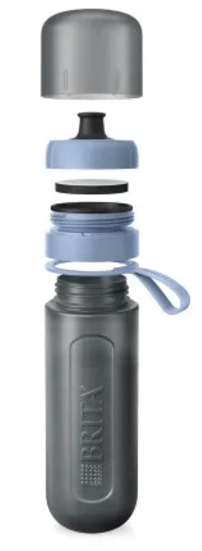 Widok rozstrzelony szarej butelki na wodę Brita, pokazujący jej elementy składowe.
