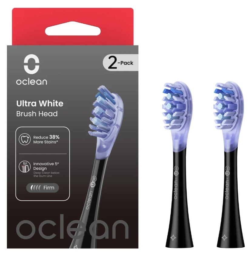 Dwie głowice szczoteczki Oclean Ultra White, z czarnym uchwytem i fioletowym włosiem.