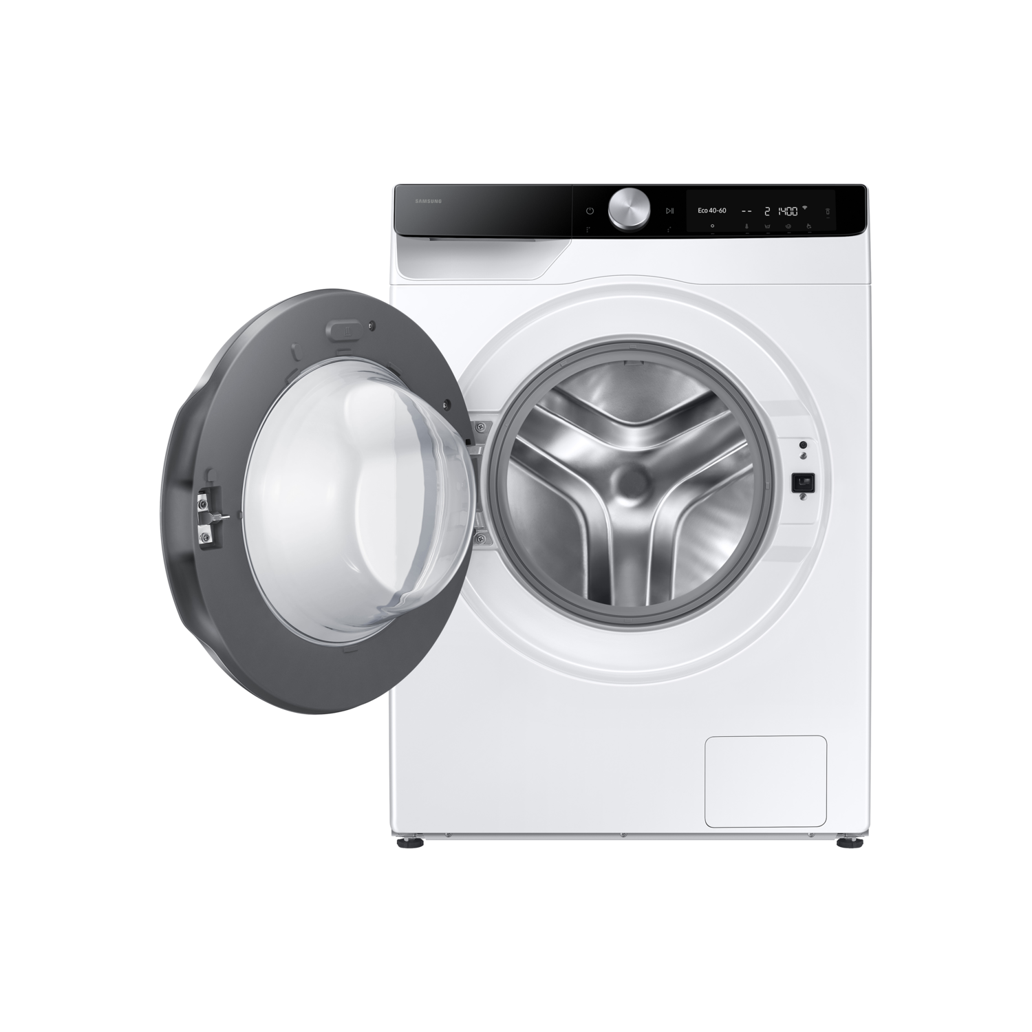 A white washing machine with the door open, set against a black background.