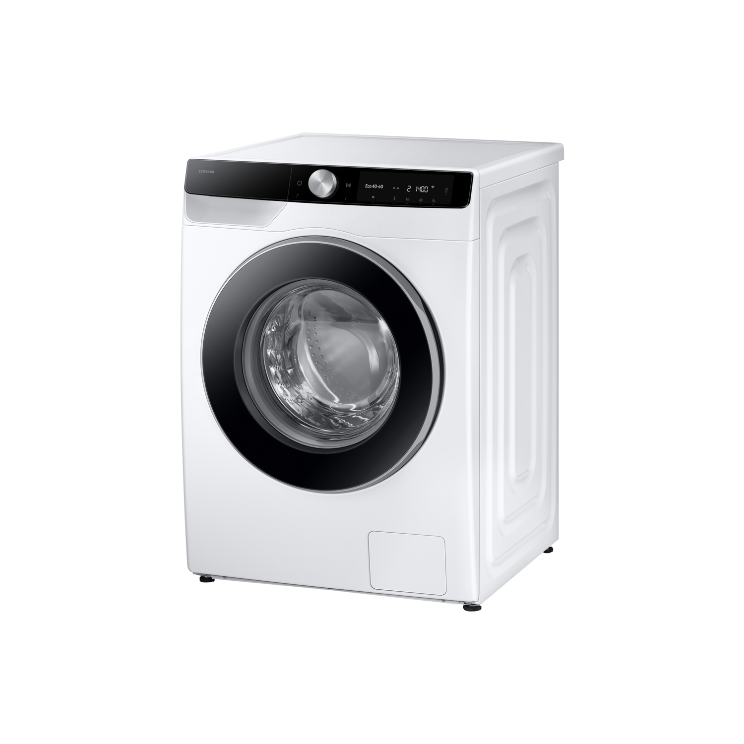 White washing machine with black door frame. Black top panel with display and control buttons.