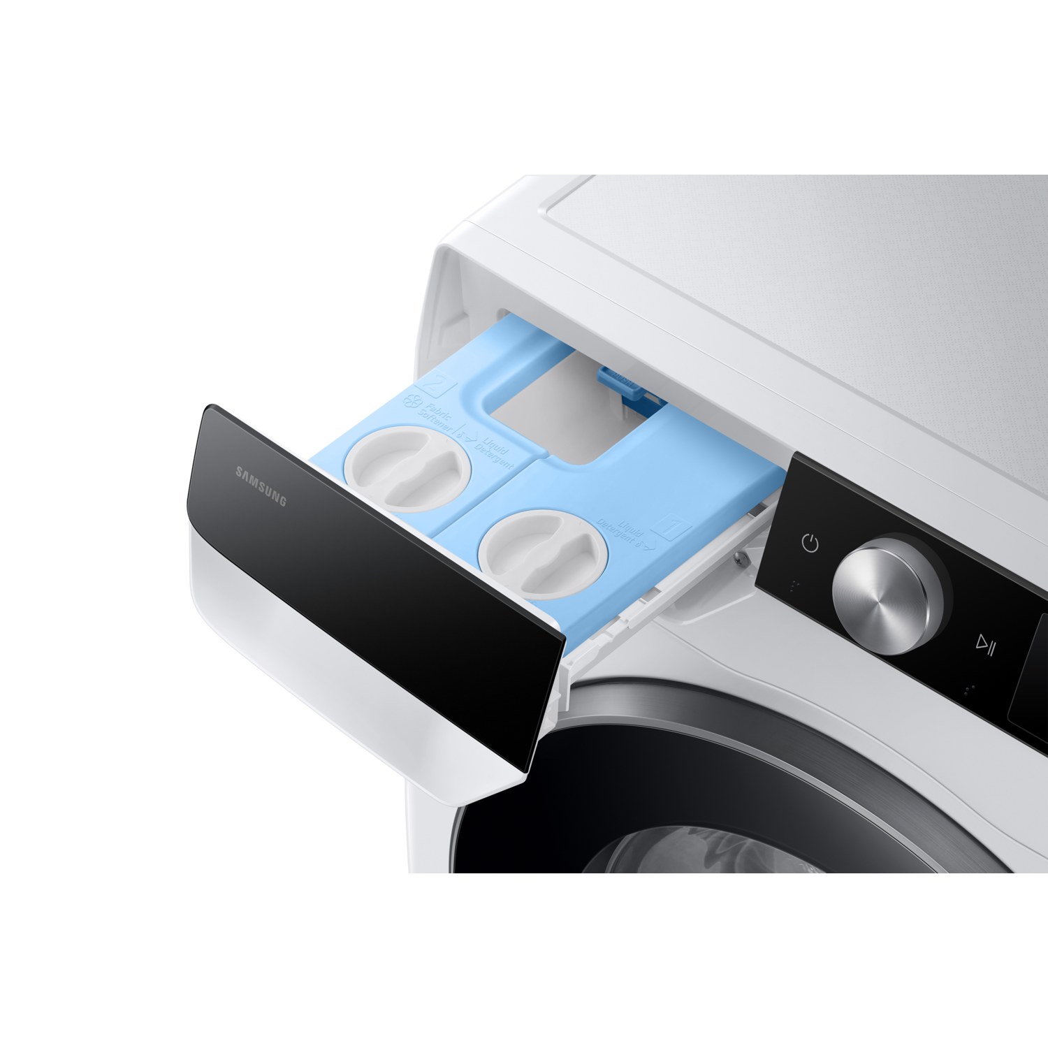 Washing machine drawer with blue detergent compartments on a white machine.