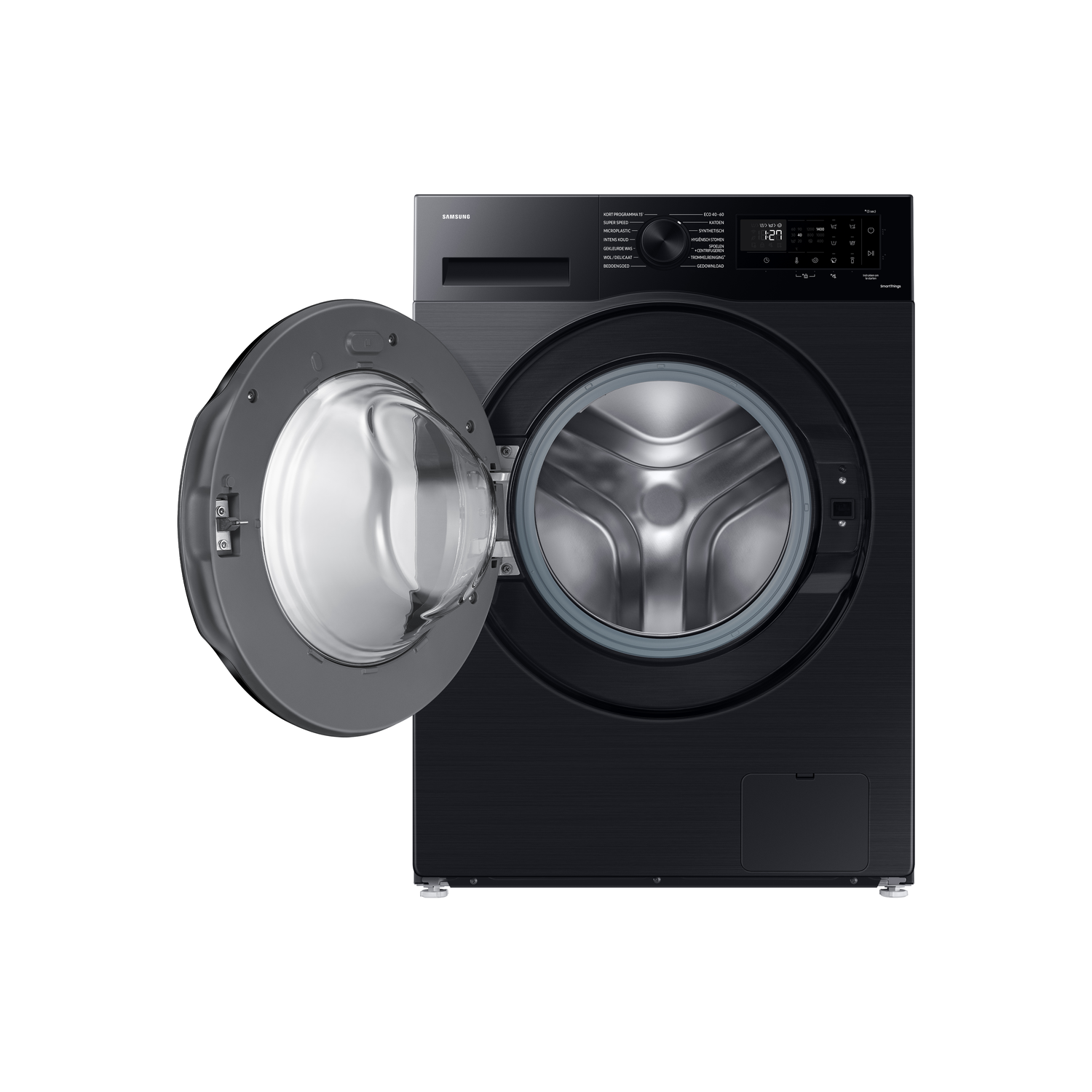Zwarte wasmachine met open deur. Roestvrijstalen trommel zichtbaar. Bedieningspaneel bovenop, met digitaal display.