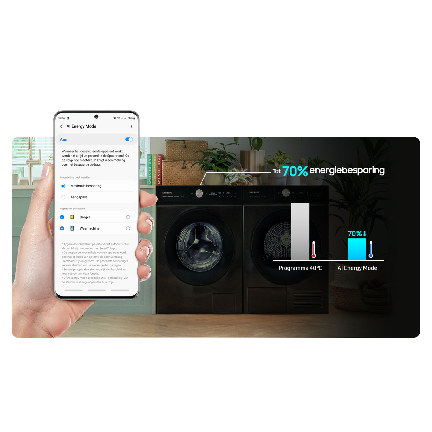 Smartphone scherm met AI Energiemodus. Wasmachine en droger zijn zichtbaar.