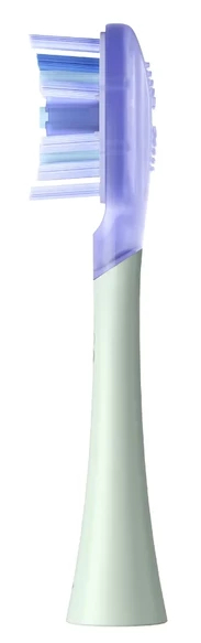 Głowica szczoteczki elektrycznej. Jasnozielony uchwyt, przezroczysta fioletowa główka z niebieskim i białym włosiem.