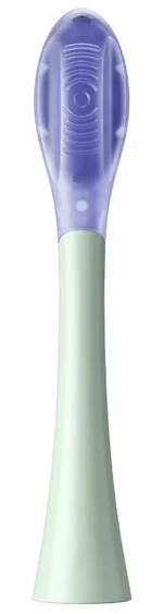 Głowica szczoteczki elektrycznej. Przezroczysta fioletowa główka, jasnozielony uchwyt. Widok z góry.