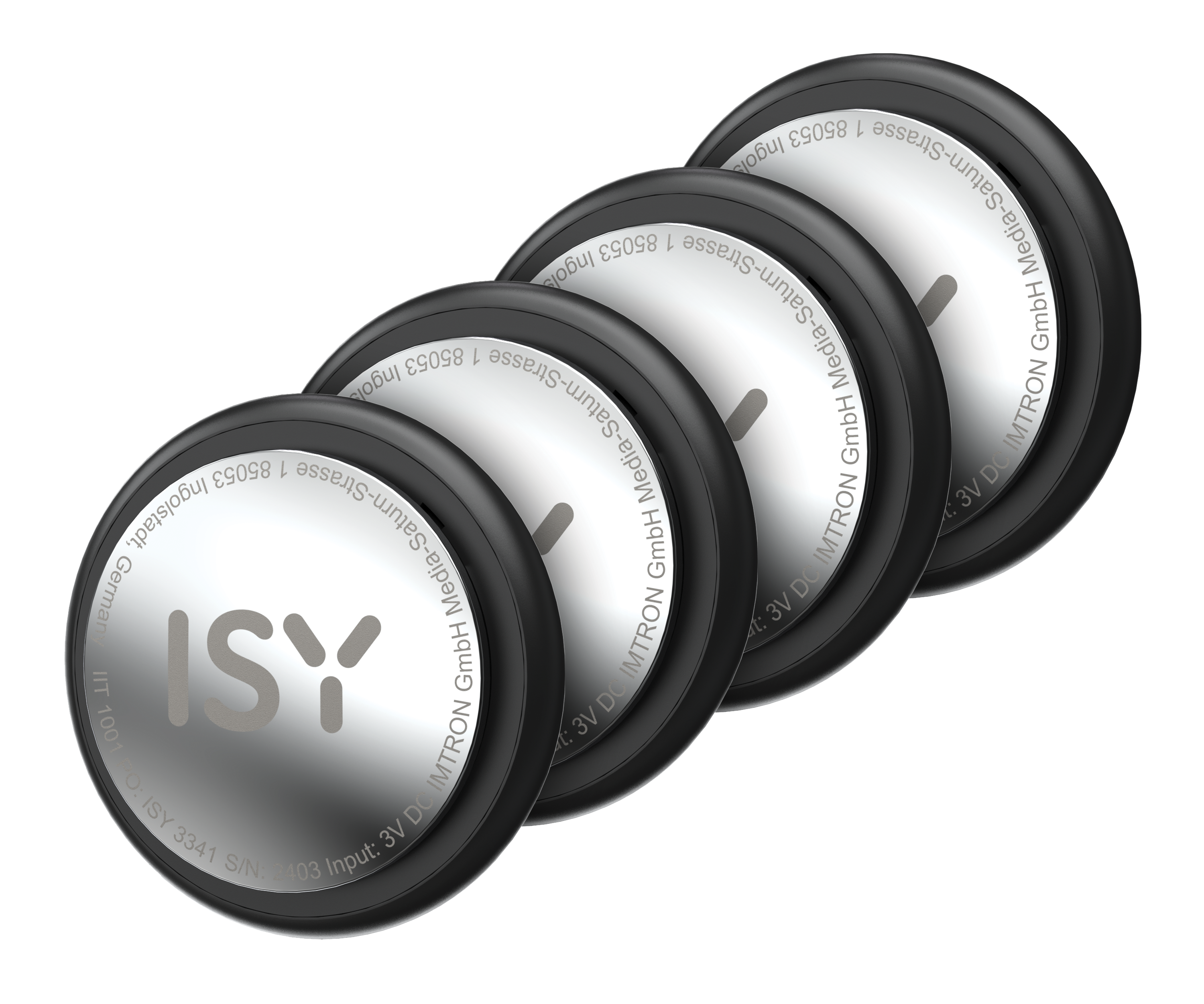 Vier schwarze kreisförmige ISY-Geräte. Jedes hat weißen Text und einen schwarzen Rand.