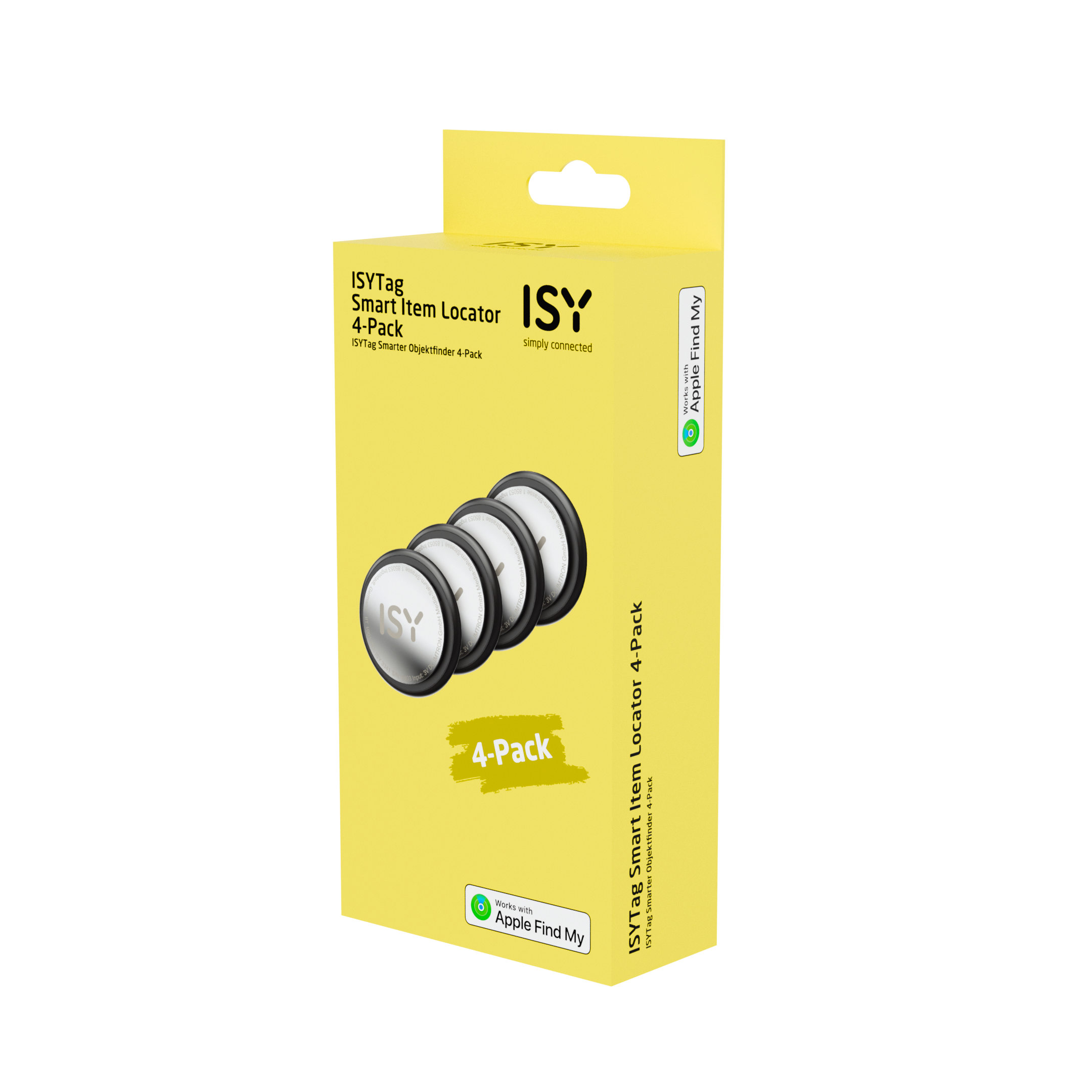 Eine gelbe Schachtel mit vier schwarzen, runden ISYTag Smart Item Locators.