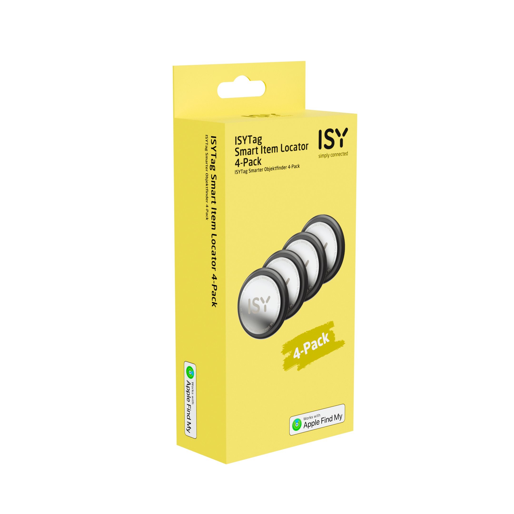Eine gelbe Box mit ISY Smart Item Locators. Vier runde Tracker sind sichtbar. Die Box sagt '4er-Pack'.