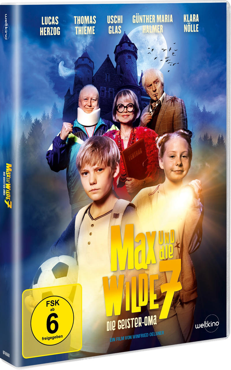 Ein DVD-Cover eines Films mit mehreren Schauspielern vor einem Schloss. Der Titel lautet 'Max und die Wilden 7'.