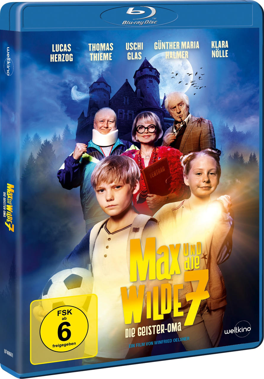 DVD-Cover für 'Max und die Wilde 7'. Zeigt eine Gruppe von Menschen mit Schloss im Hintergrund.