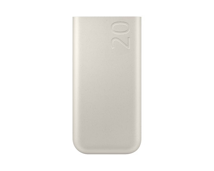 Beige rechteckige Powerbank mit der Zahl "20" aufgedruckt.