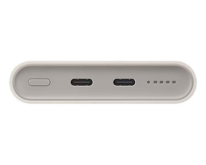 Draufsicht auf eine Powerbank mit USB-C-Anschlüssen. Weiß und Grau.