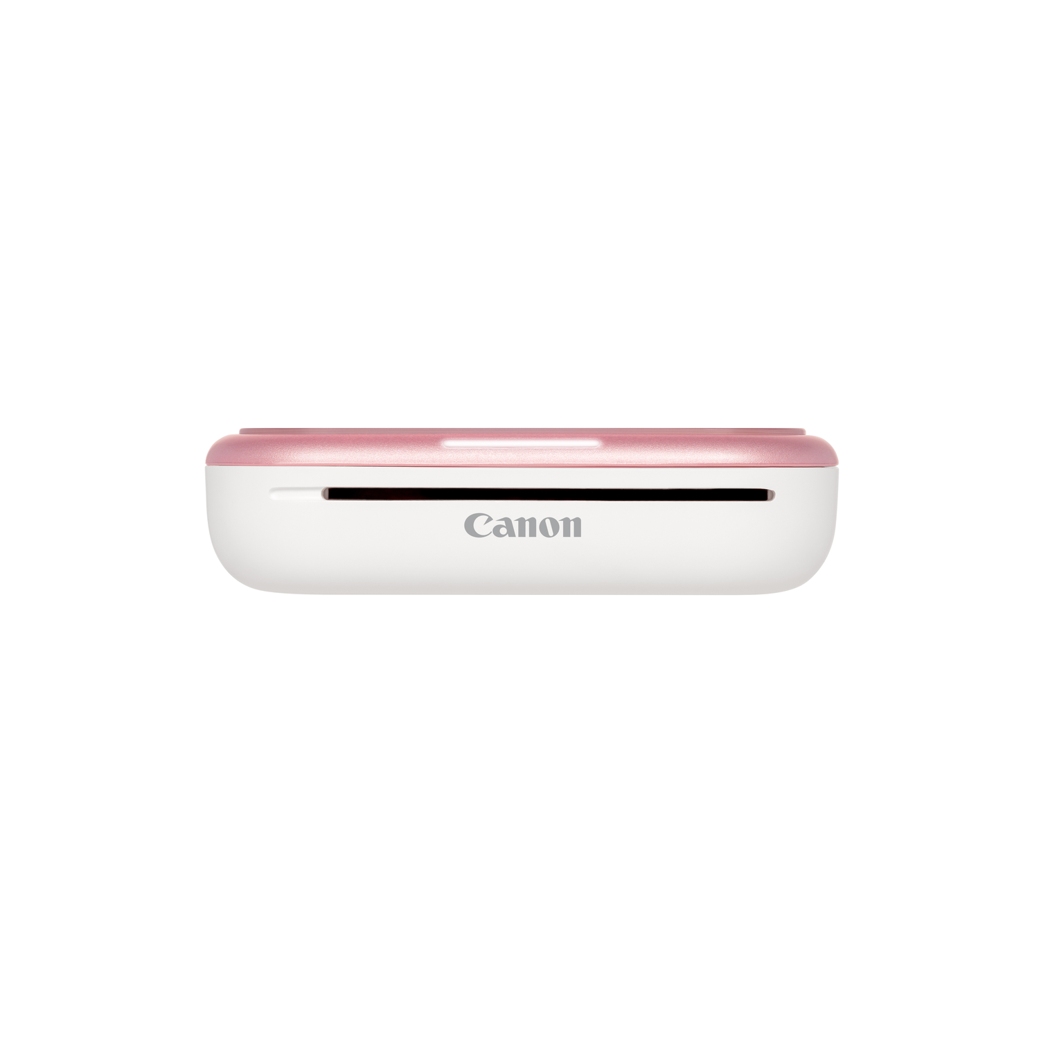 White and pink Canon photo printer on a white background.