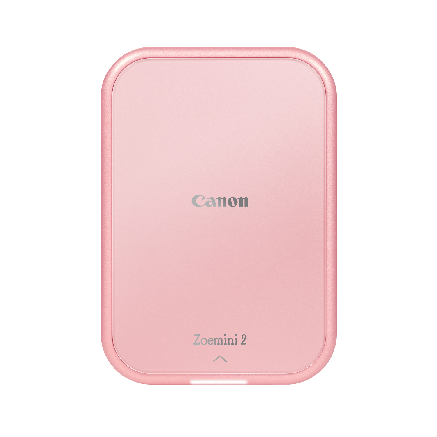 Pink Canon Zoemini 2 mini photo printer, viewed from the top, with the logo on the surface.