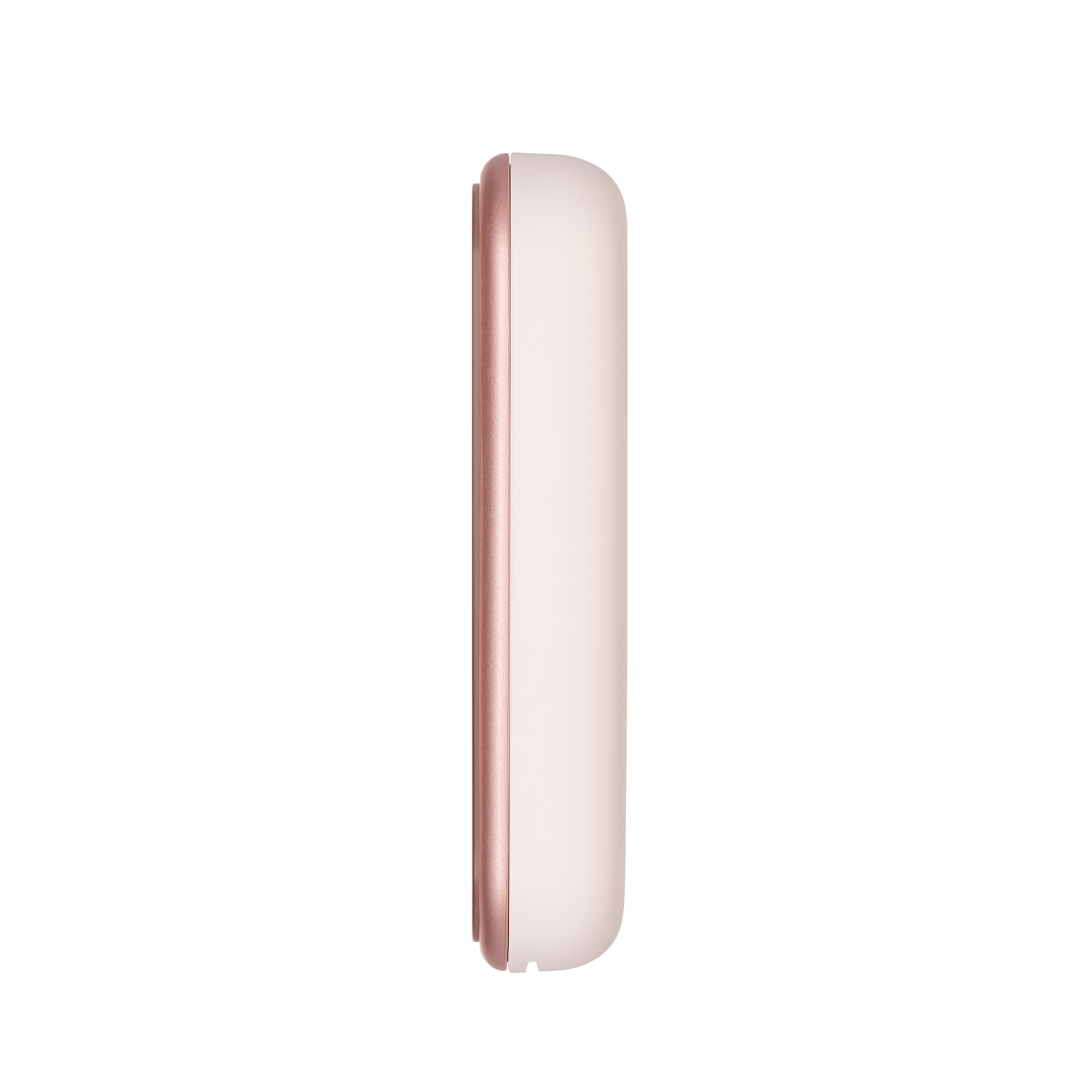 Pink and white rectangular device. Rounded edges. Sleek design. White background.