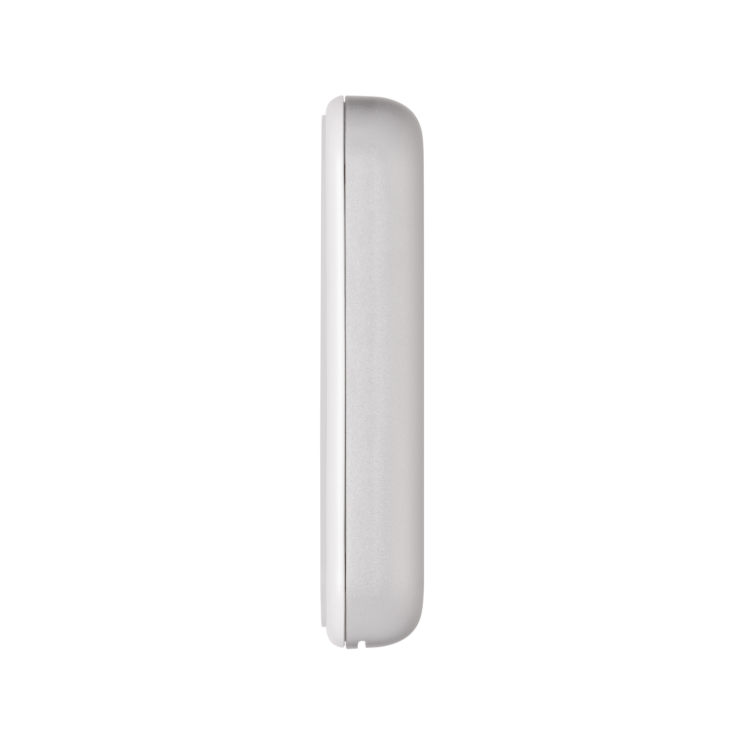 A gray, rectangular remote control with rounded edges, shown from the side.
