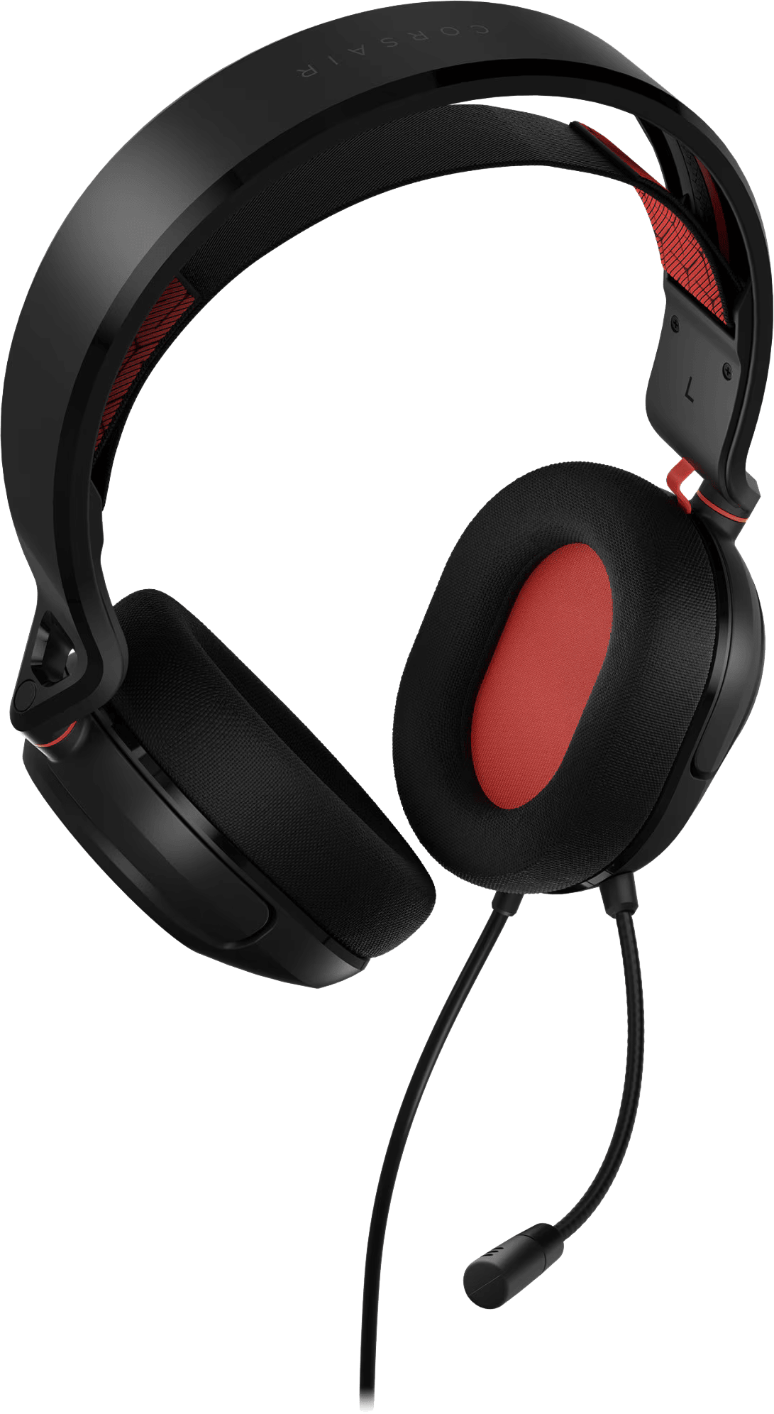 Fekete és piros Corsair fejhallgató mikrofonnal, fekete háttér előtt izolálva.