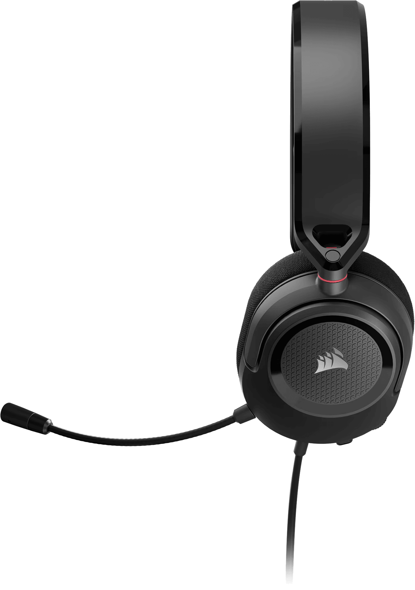 Fekete gamer headset mikrofonnal, fekete háttér előtt lógva.