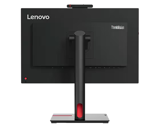 La parte trasera de un monitor Lenovo negro con un soporte rojo y el logo ThinkVision.