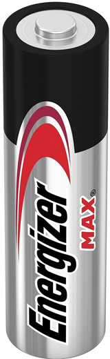 Energizer Max AA-Batterie, silber und schwarz mit roten und weißen Details.