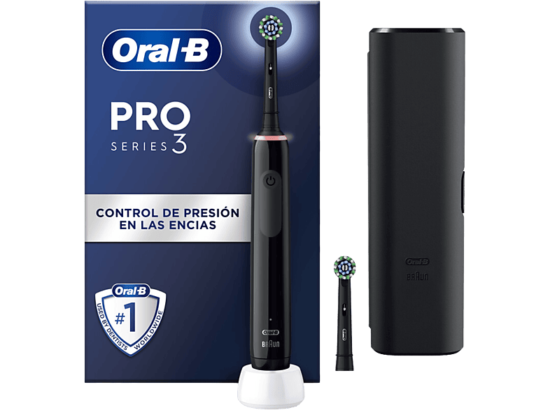Cepillo eléctrico - Oral-B Pro Series 3, Estuche de viaje, Sensor presión, 2 Cabezales, Negro