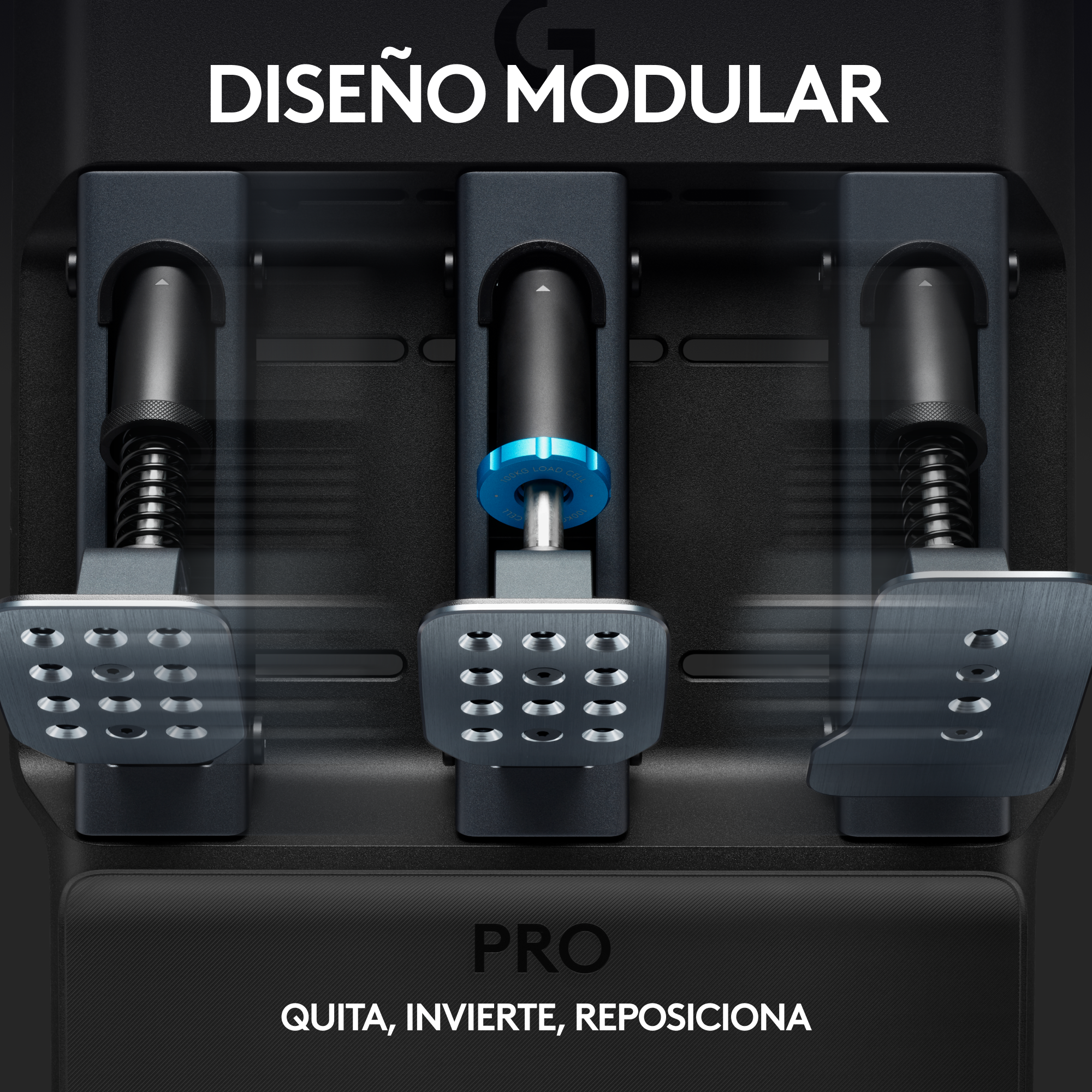 Primer plano de un sistema de pedales de carreras con texto en español: 'Diseño modular'.